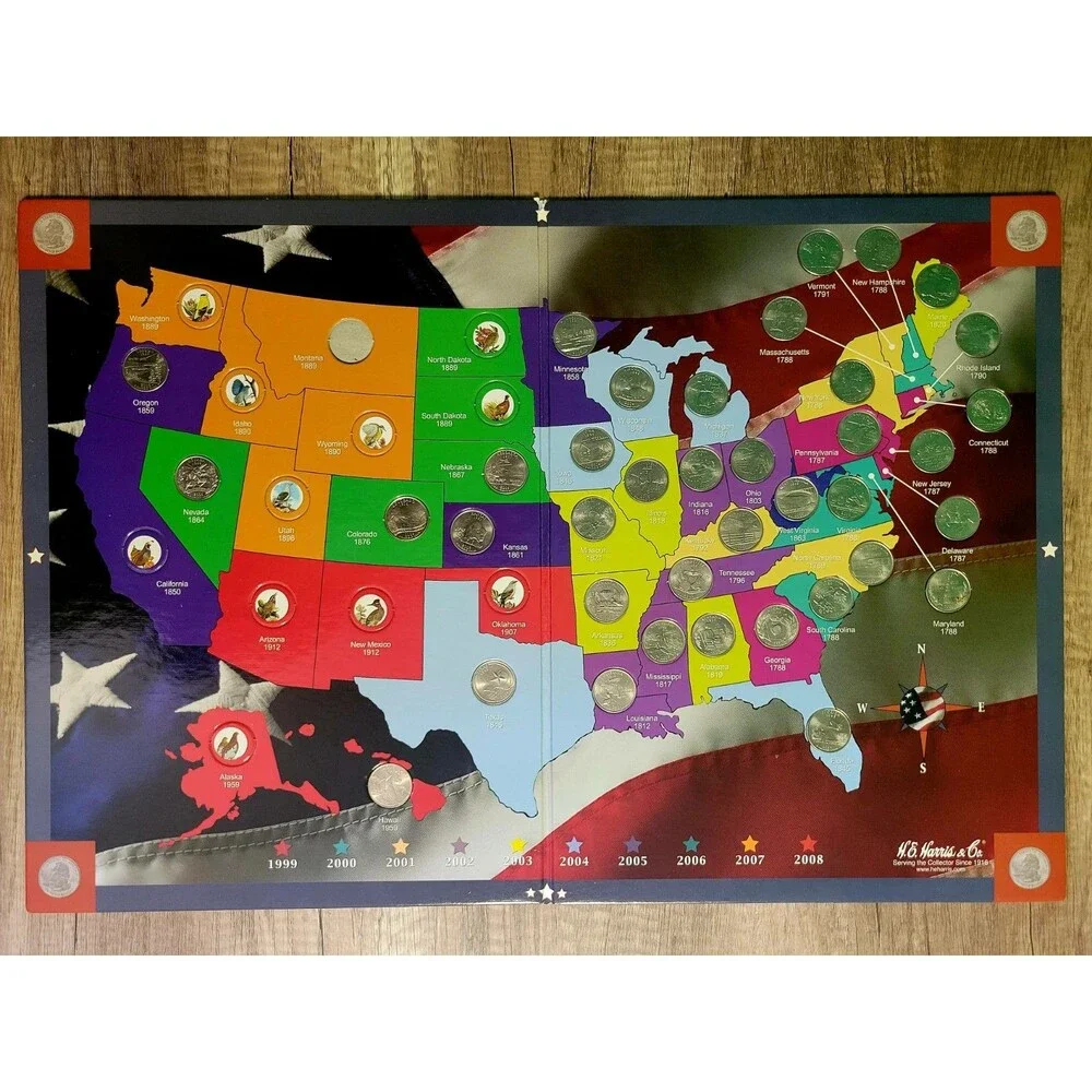 H.E. Harris & Co. State Series Quarters Collectors Map Near Complete (38 of 50)